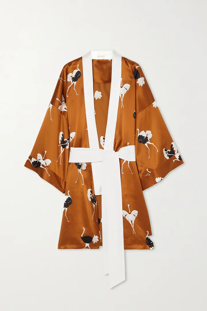Olivia von Halle - Mimi Belted Printed Silk-satin Robe - Brown