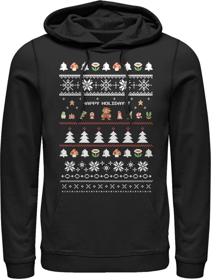 Men's Nintendo Ugly Christmas Super Mario Characters Group Pull Over Hoodie - Black - Large