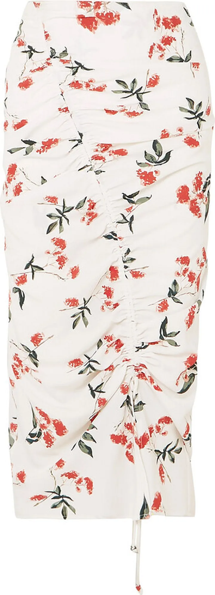 Sisilia ruched floral-print crepe de chine midi skirt