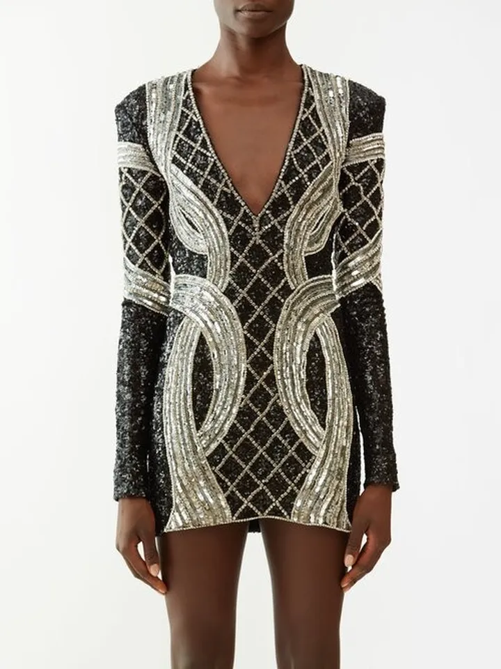 V-neck Sequinned-embroidered Mini Dress