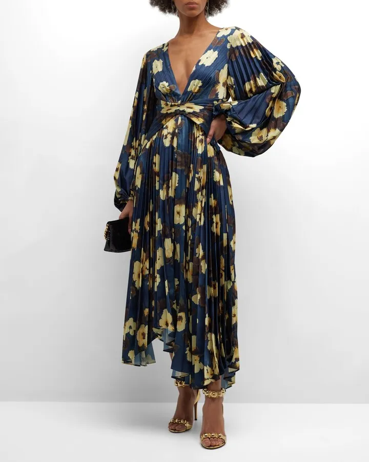 Palms Metallic Pleated Midi Dress