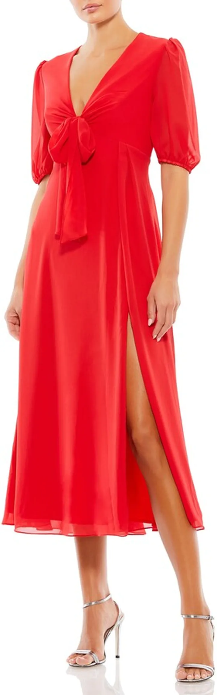 V Neck Bow Detail Flowy Midi Dress