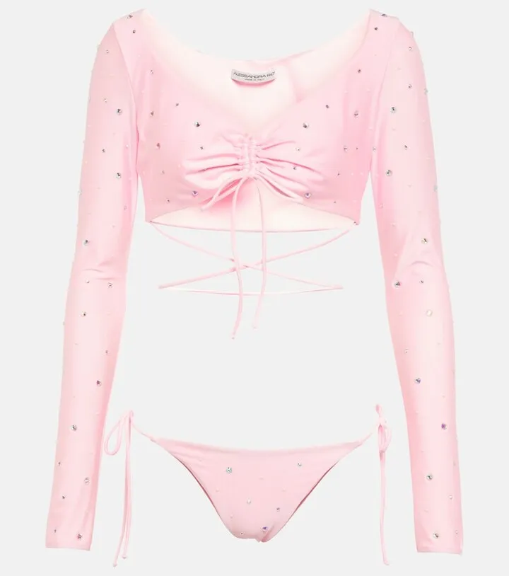 Crystal-embellished ruched bikini