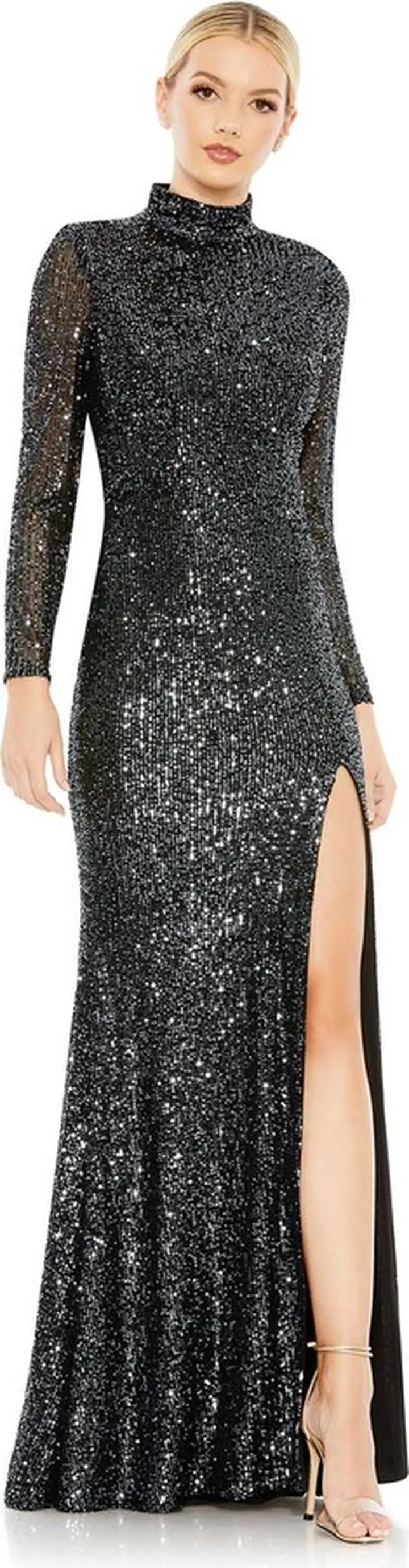 Sequined High Neck Long Sleeve Lace Up Gown
