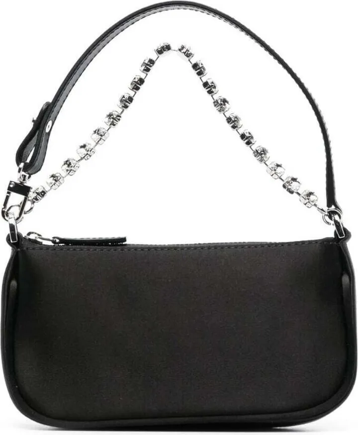 'mini Rachel' Black Shoulder Bag With Crystal Chain In Silk Woman By Far