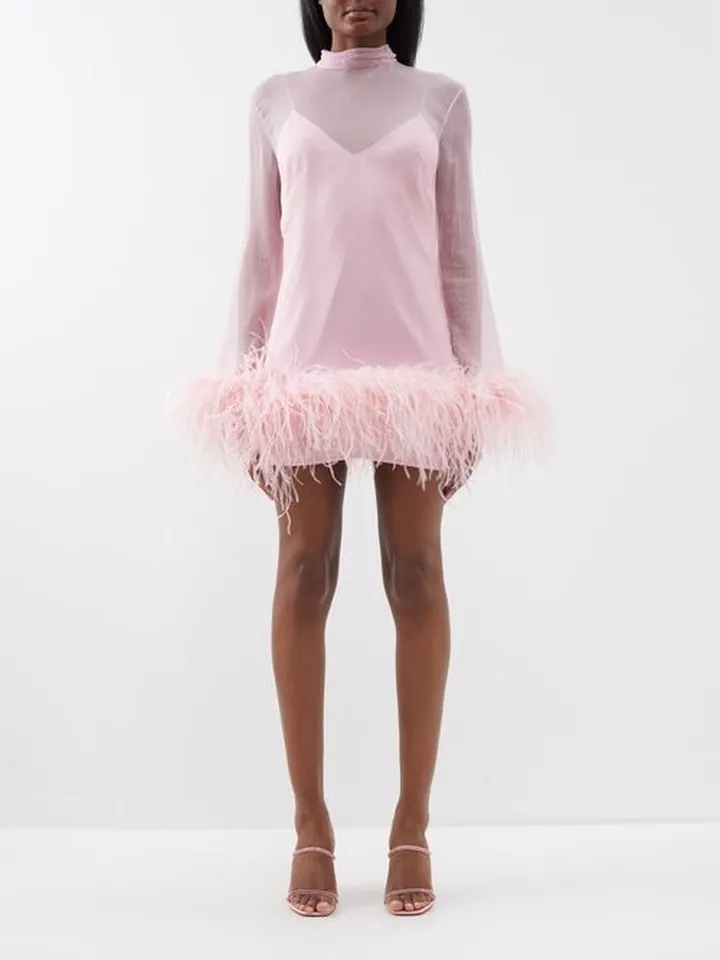 Gina Spirito Feather-trim Silk Mini Dress