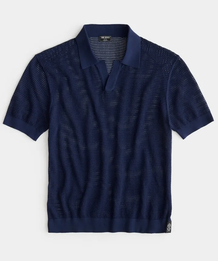 Cotton-Nylon Mesh Polo in Navy