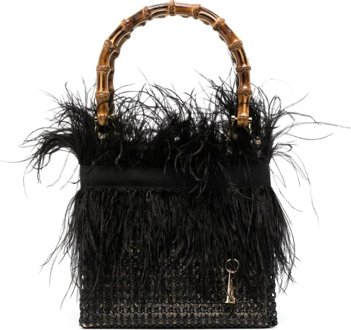 Feather-Detail Bamboo-Handles Tote Bag