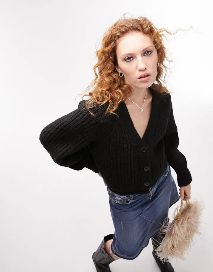 Topshop knitted rolled hem cardi in black