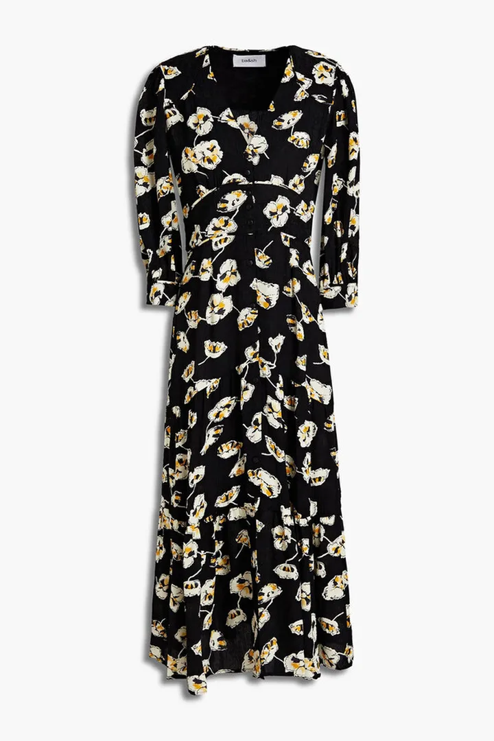 Ullia gathered floral-print satin-jacquard midi dress