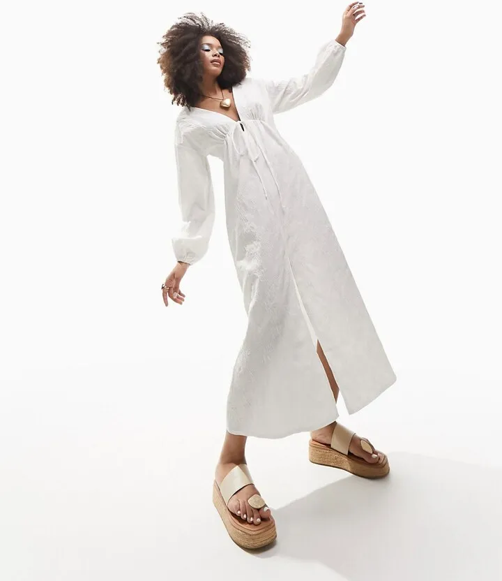 ASOS DESIGN jacquard midi dress with tie front and lace-up back in white