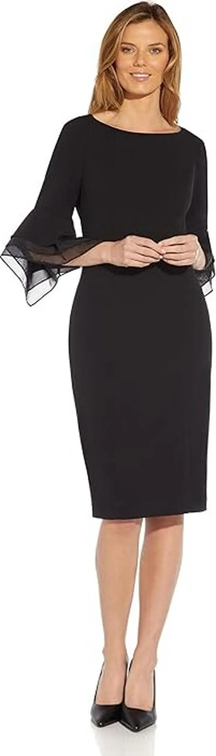 Adrianna Papell Stretch Knit Crepe Sheath Dress with Tiered Organza Bell Sleeve (Black) Women's Dress