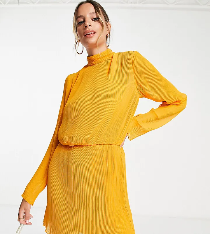 ASOS DESIGN Tall high neck chiffon plisse mini dress in mustard