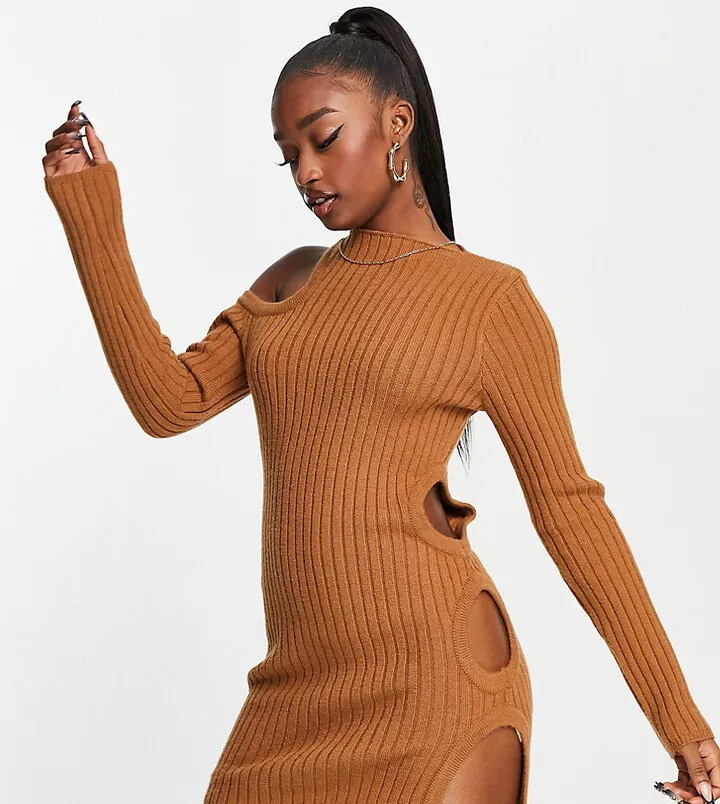 ASYOU knit cut out long-sleeved mini dress in chocolate