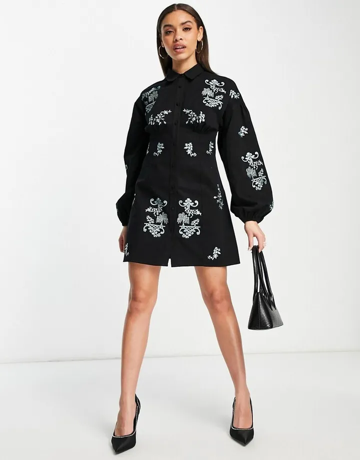 ASOS DESIGN casual embroidered mini shirt dress with bust detail in black