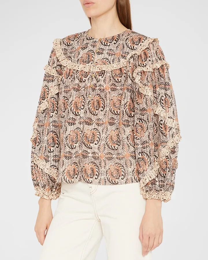 Edith Woven Ruffle-Trim Blouse