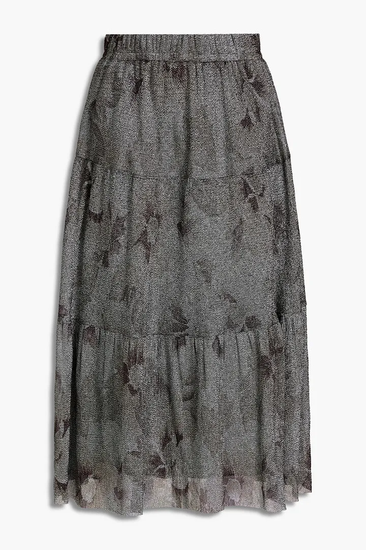 Land tiered metallic floral-print knitted midi skirt