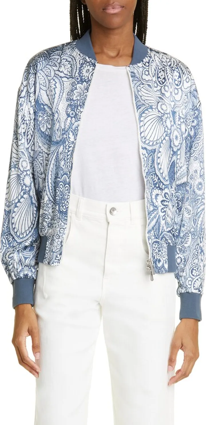 Paisley Print Stretch Satin Bomber Jacket