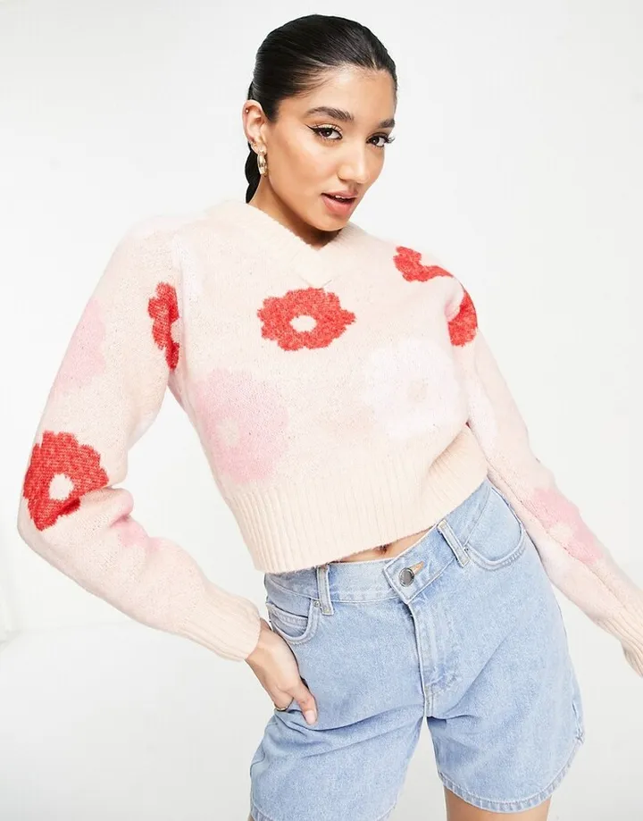 Monki V neck sweater oversized flower print in pink