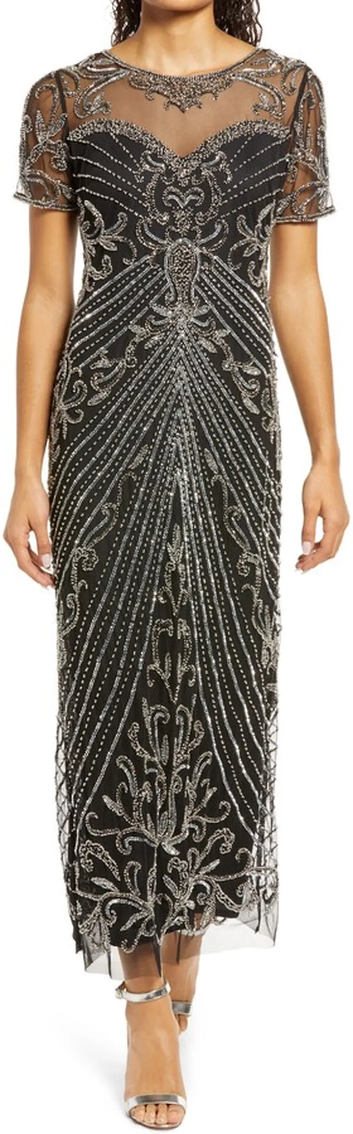 Illusion Beaded Mesh Column Gown