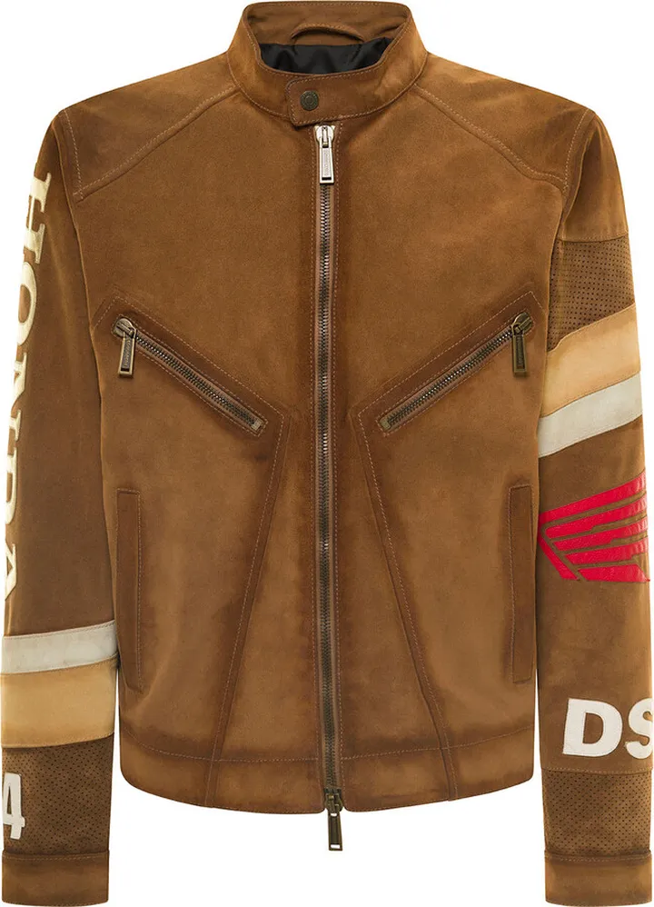 Brown Honda Suede Biker Jacket With Logo Patch In Calf Leather Man