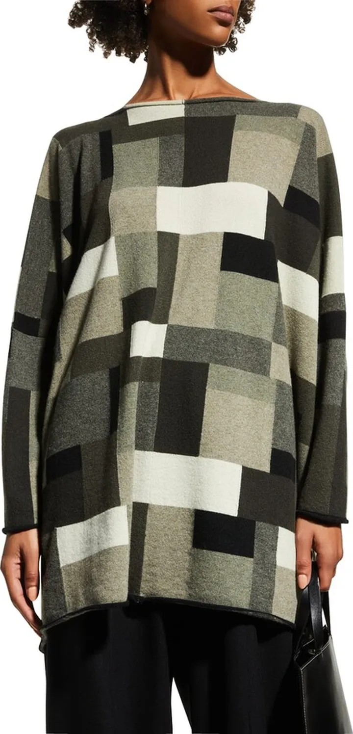 Square Intarsia Slim-Sleeve Cashmere Top (Long Length)