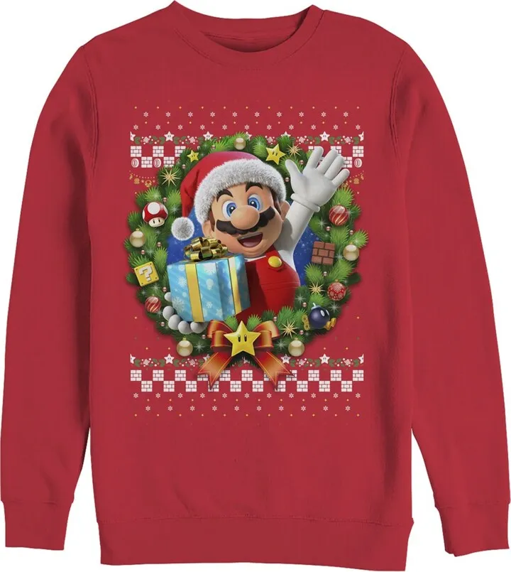 Men's Nintendo Ugly Christmas Mario Wreath Sweatshirt - Red - 2X Large