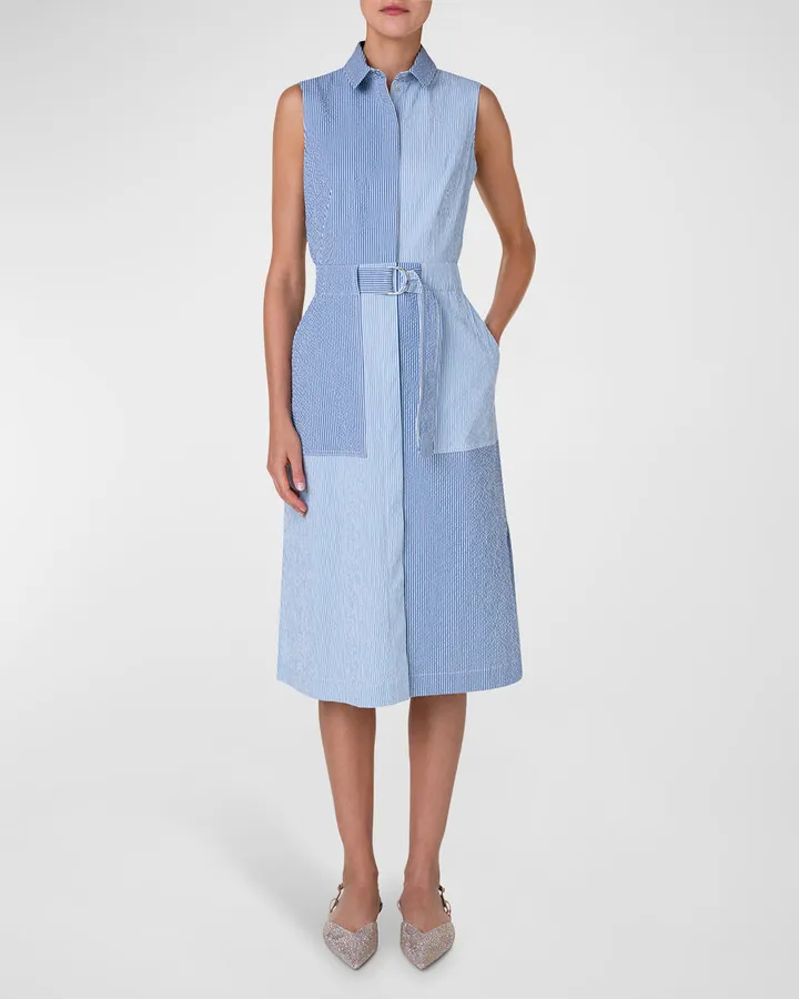 Cotton Seersucker Colorblock Midi Dress