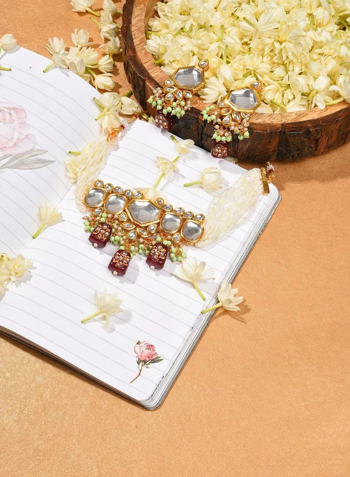 Gold Plated Kundan Beaded Necklace and Earring Set