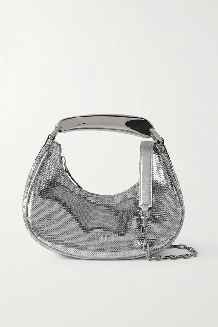 TOM FORD - Bianca Mirrored Leather-trimmed Sequined Satin Tote - Silver