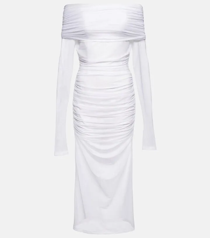 x Kim ruched off-shoulder tulle midi dress