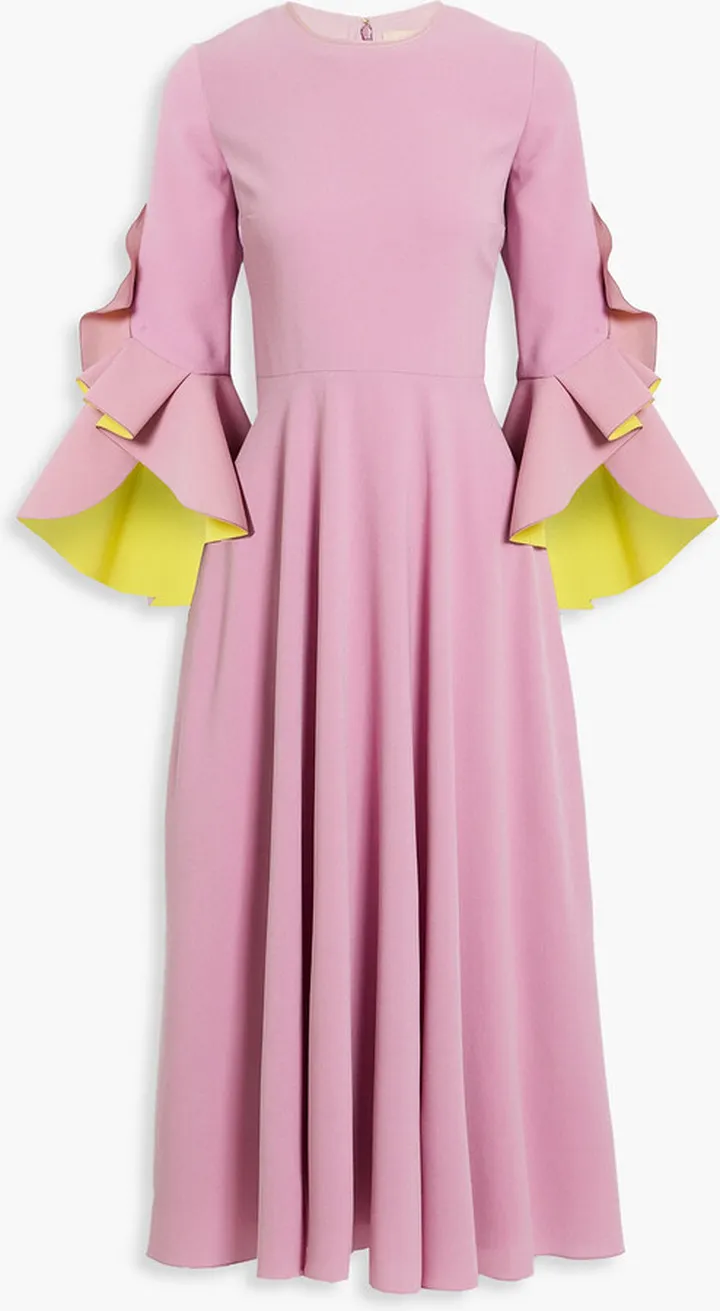 Gathered two-tone crepe midi dress
