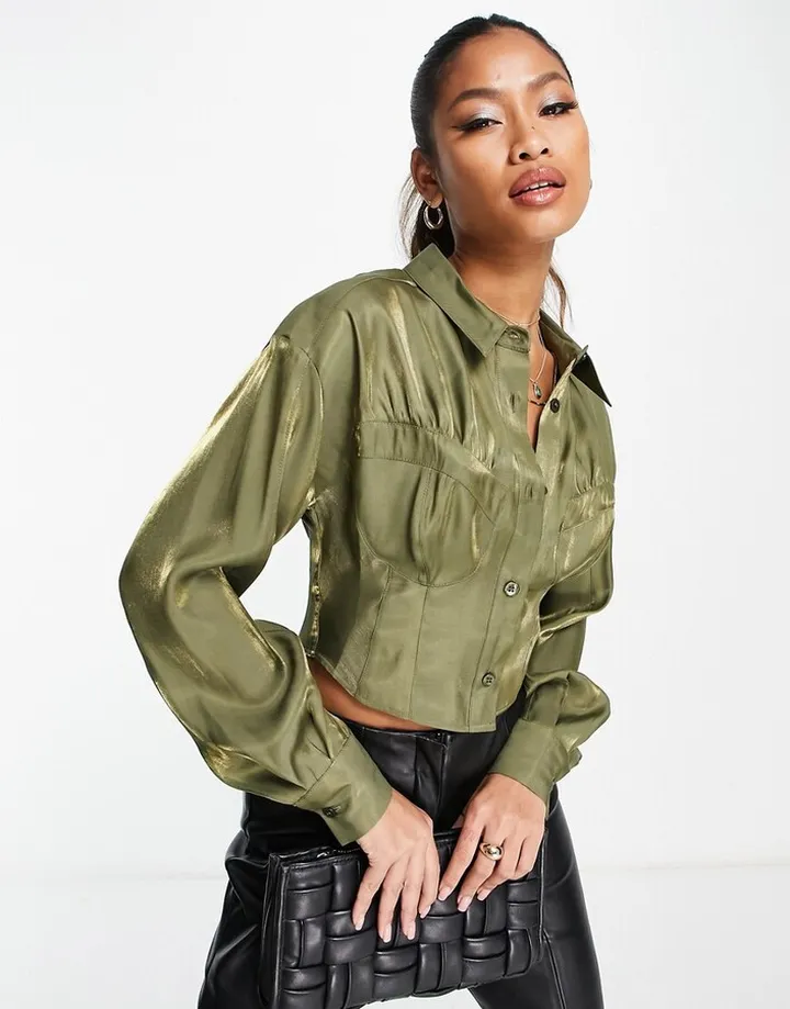 ASOS DESIGN corset detail metallic shirt with cupped pockets in shimmer khaki