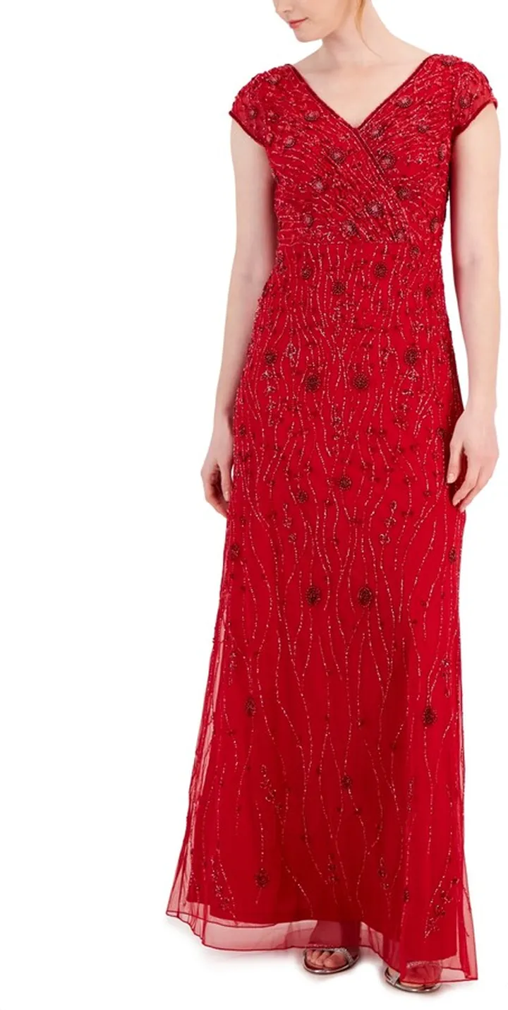 J Kara Women's Embellished V-Neck Cap-Sleeve Gown