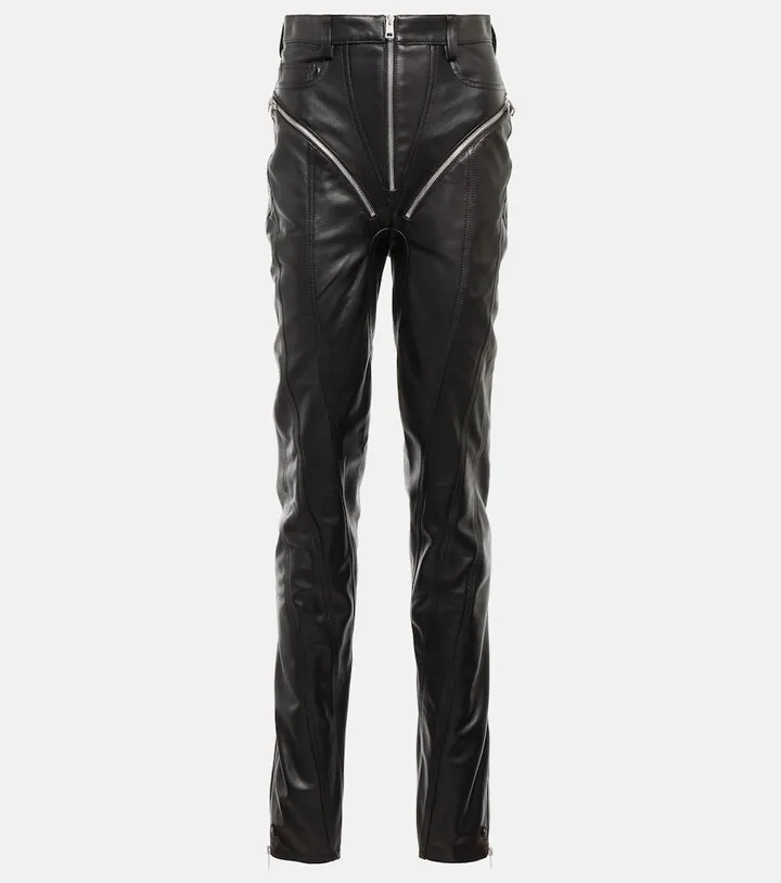 Zipped high-waisted leather pants