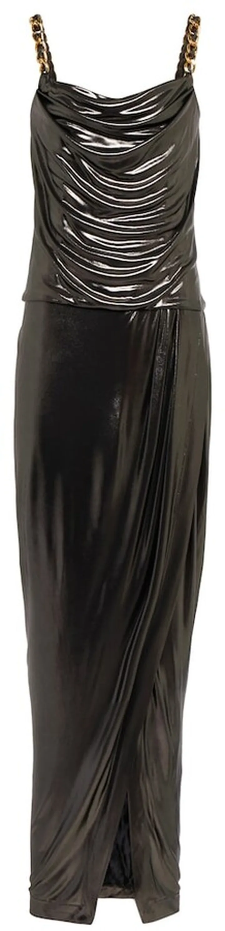 Chain-trimmed lame maxi dress