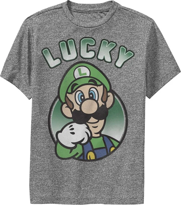 Boy's Nintendo Super Mario St. Patrick's Day Lucky Luigi Retro Performance Tee - Charcoal Heather - Small