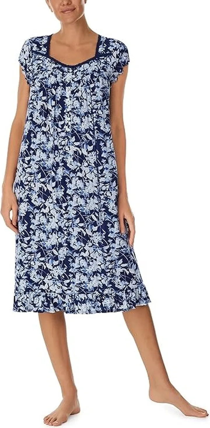 Eileen West Waltz Cap Sleeve Gown (Navy Floral) Women's Pajama