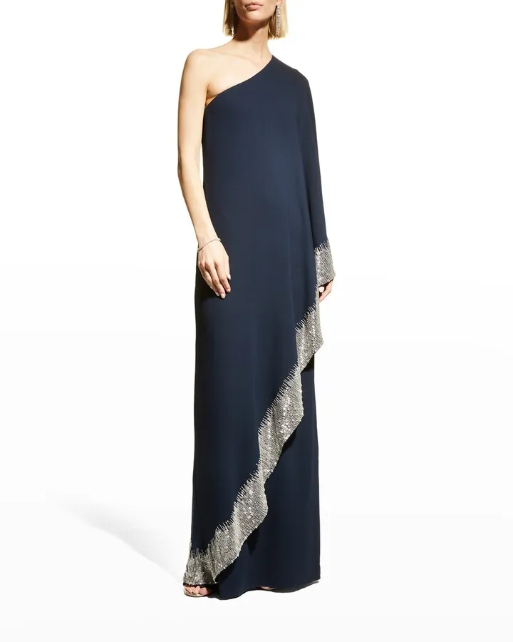 One-Shoulder Sequin Embroidered Hem Caftan