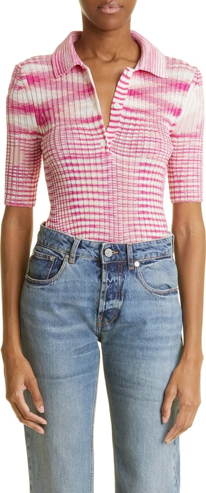 Space Dye Stripe Short Sleeve Polo Sweater
