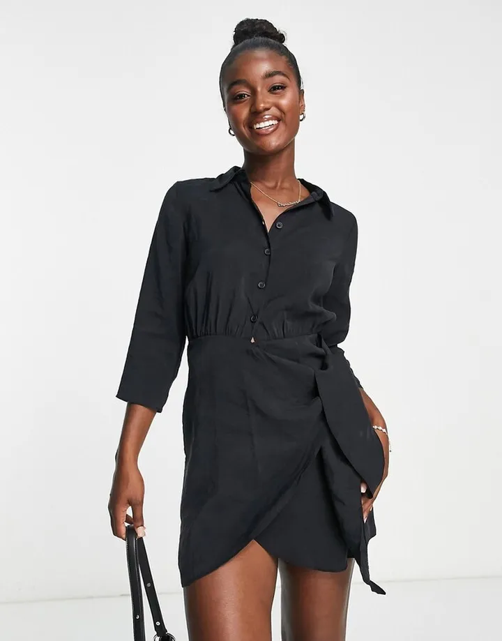 New Look wrap front shirt dress in black