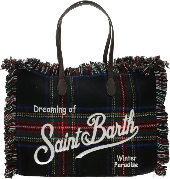 Tartan checked tote bag with leather handle and embroidered logo from MC2 Saint Barth.