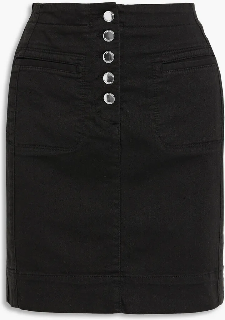 Patent leather-trimmed denim mini skirt