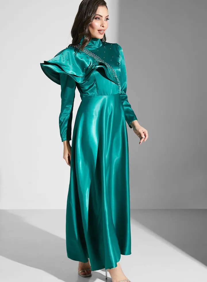 Ruffle Sleeve Detail Embellished Dress