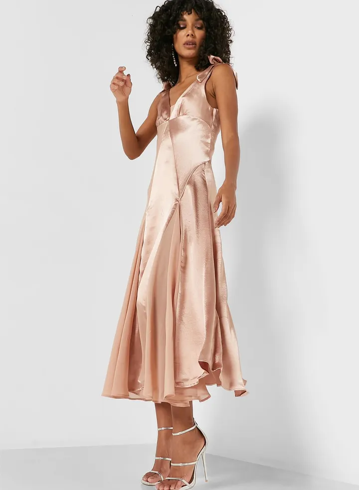 Plunge Neck Pleated Dress