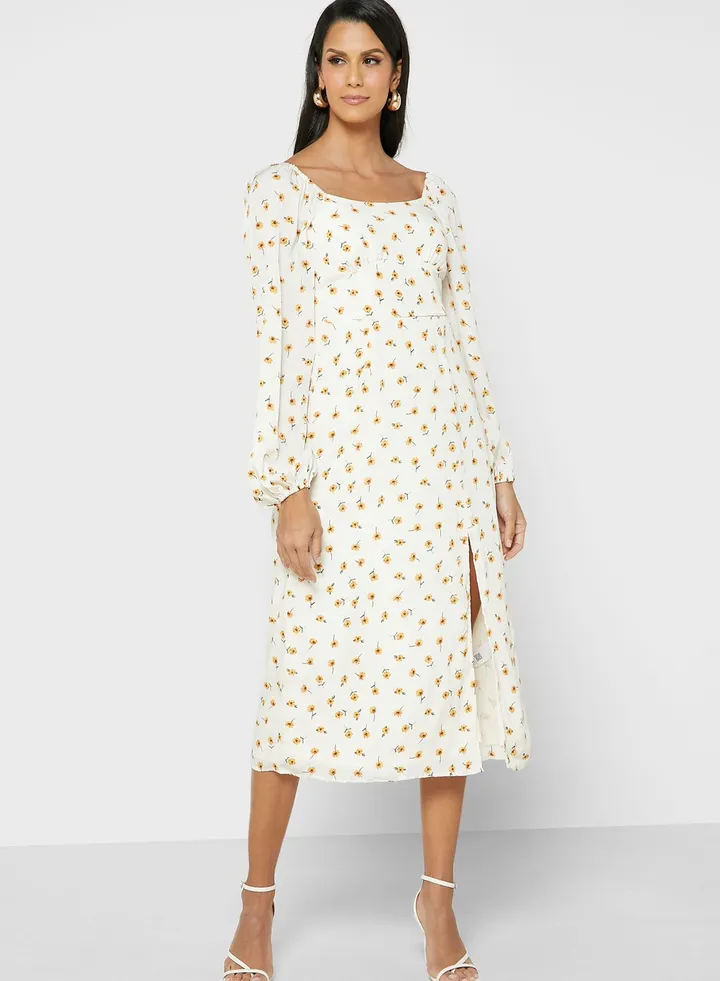 Square Neck Shirred Dress