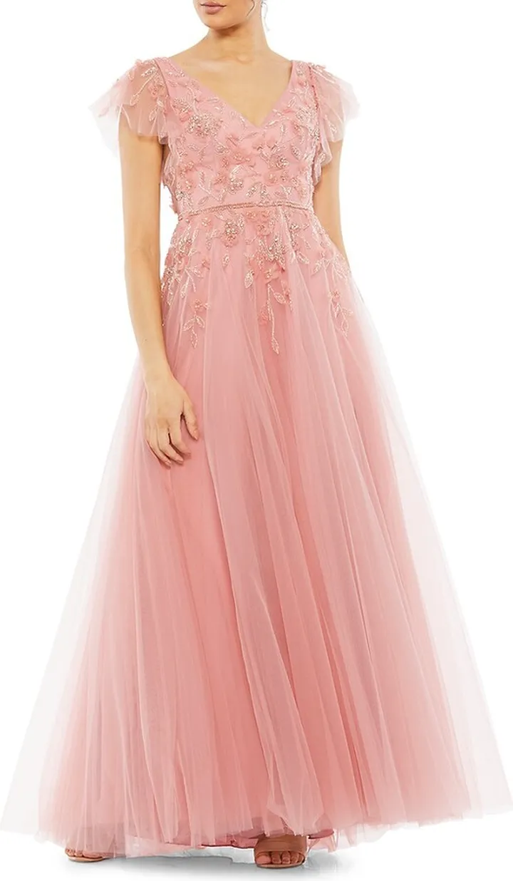 Embellished Cap Sleeve V Neck Gown