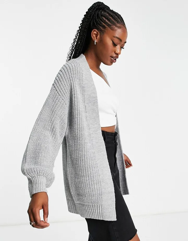 New Look balloon sleeve knitted cardigan in light gray