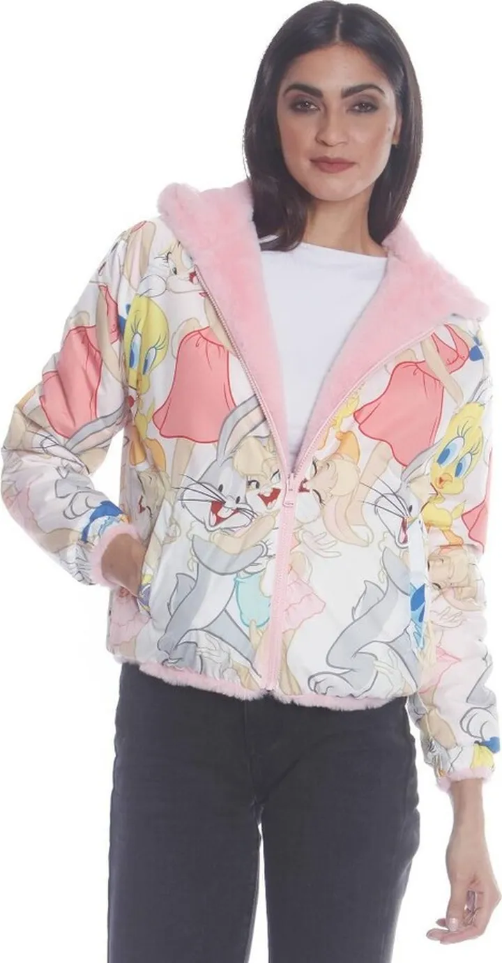 Members Only Womens Plush Faux Rabbit Fur Reversible Bomber Jacket with Looney Tunes Satin Mashup Print Lining - White M