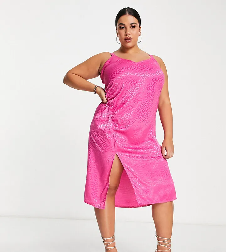 Simply Be ruched side slip dress in pink